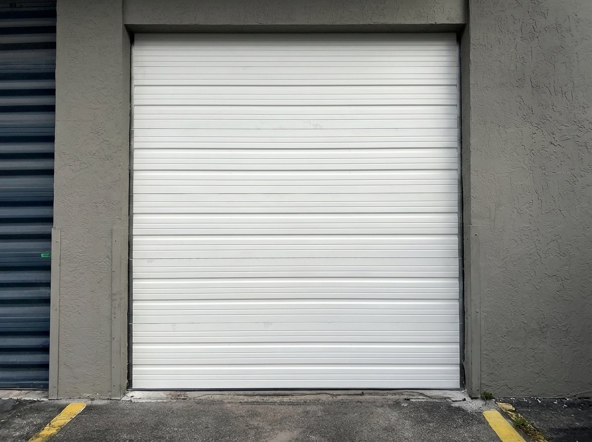 White ribbed commercial overhead door on a gray building